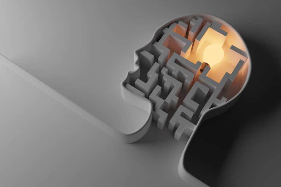 Master of Arts in Psychology (Counseling Psychology, Industrial Psychology) Human head with light bulb. creative, idea and imagination conc