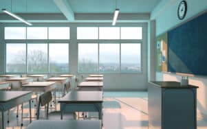 School classroom with chairs,desks and chalkboard without student.3d rendering