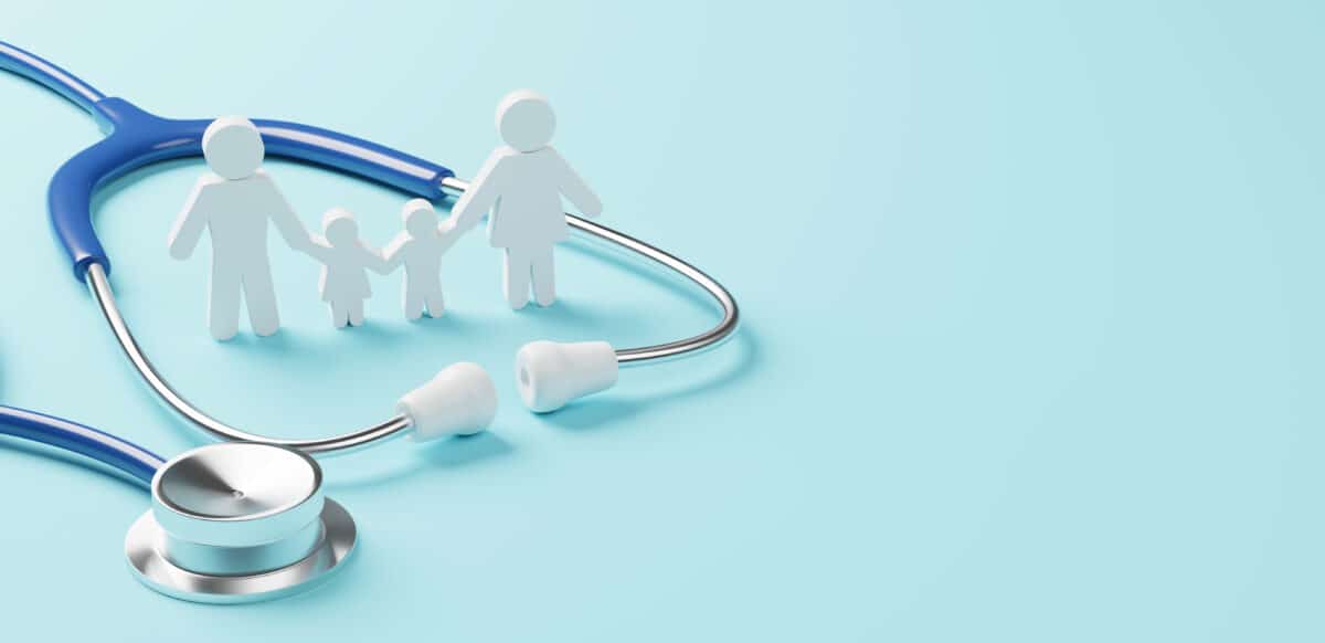 Master in Public Health Top view of medical stethoscope and icon family on cyan background. Health care insurance concept. 3d rendering