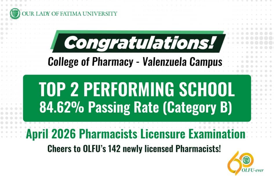 OLFU named Top 2 Performing School; produces Top 8 Placer in April 2026 Pharmacists Licensure Exam PHARMA_TOP PERF APR 2026